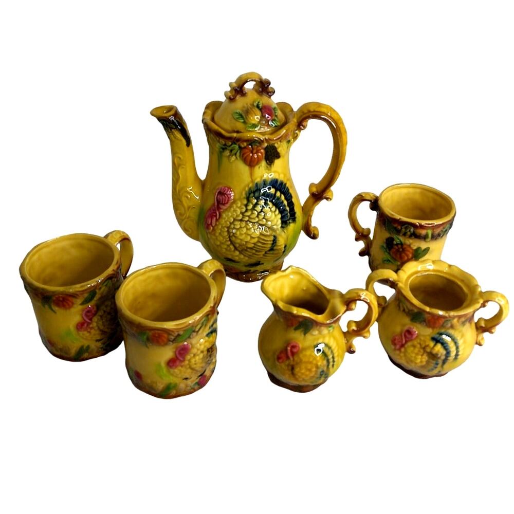 Vtg Napco Thanksgiving Turkey Coffee Pot Set Japan Harvest Ceramic Mugs Creamer
